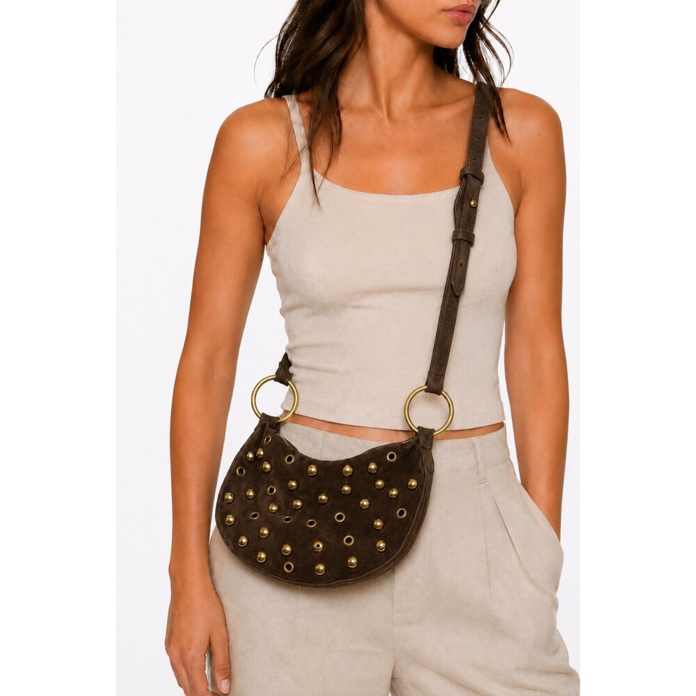 Faux Suede Studded Grommet Crossbody Shoulder Bag Brass Gold Dark Brown Zips New